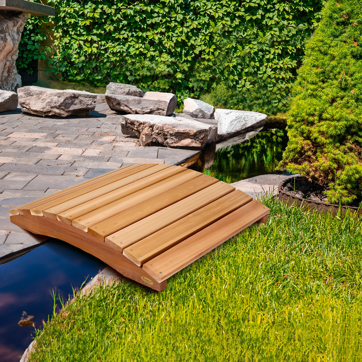 36" Decorative Cedar Bridge – Low Wooden Garden Footbridge for Landscaping & Ponds
