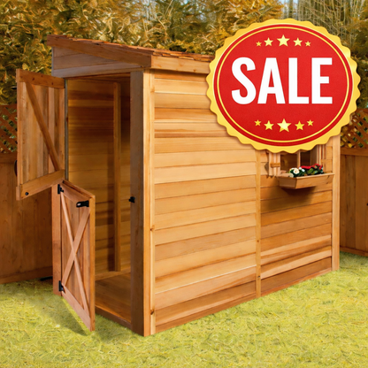 lean to shed with sale banner
