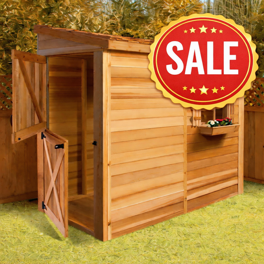 lean to shed with sale banner