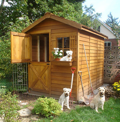 Cedarshed Gardener Shed Kit and friendly dogs