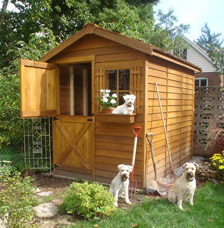 Cedarshed Gardener Shed Kit and friendly dogs